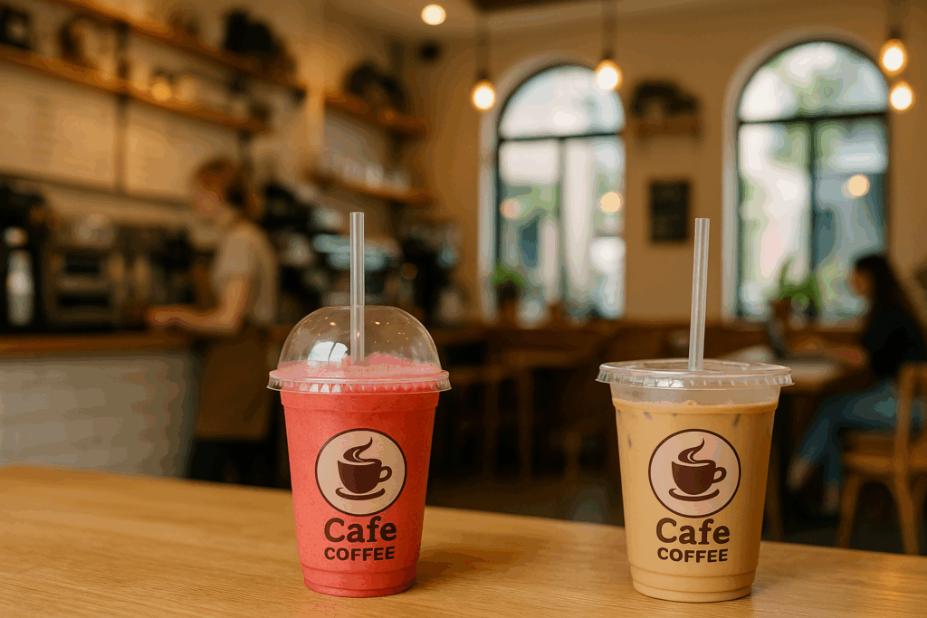 Custom printed PET cups with smoothies on a cafe counter, barista in background at cozy coffee shop