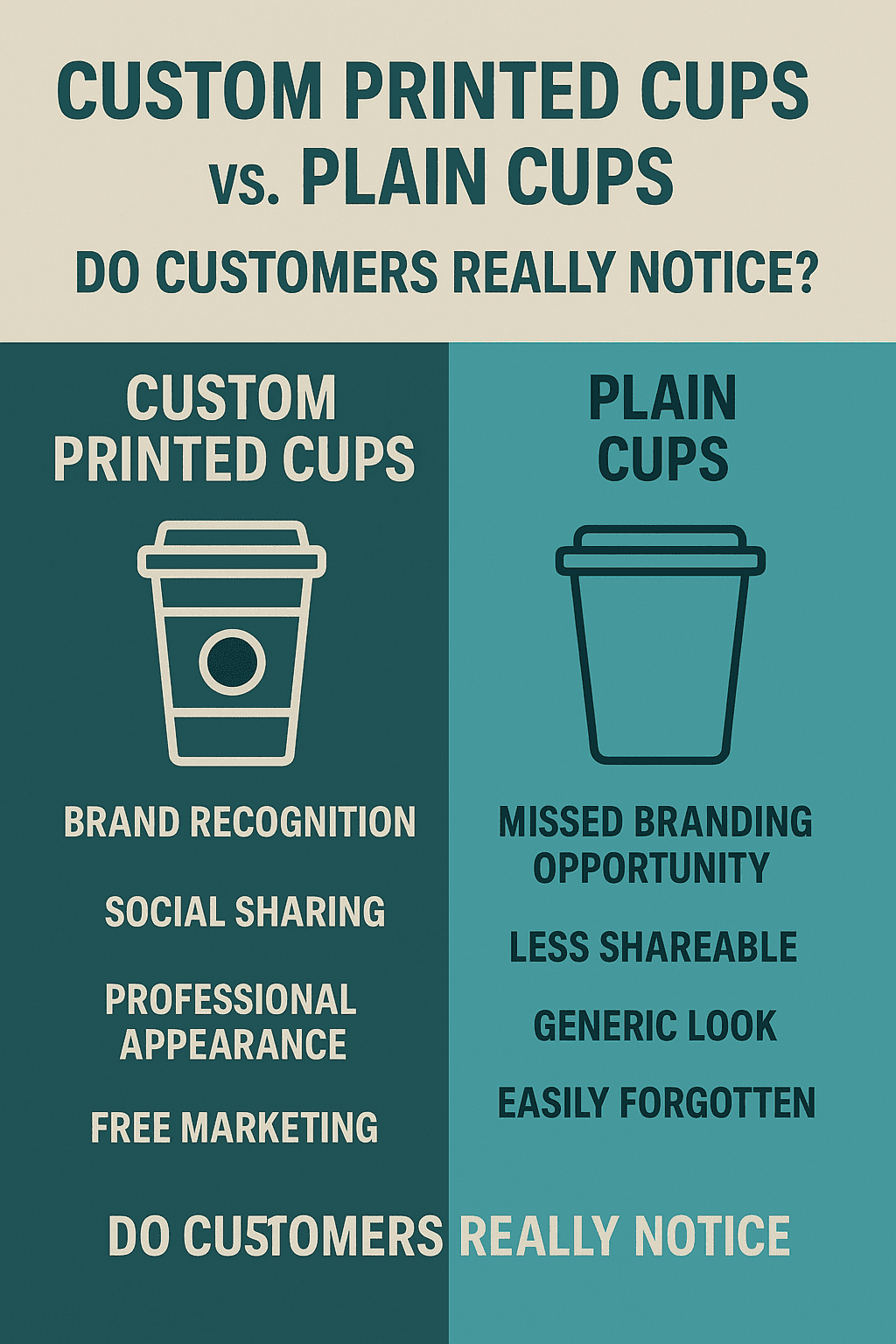 Infographic comparing custom printed cups and plain cups, highlighting branding benefits and customer impact