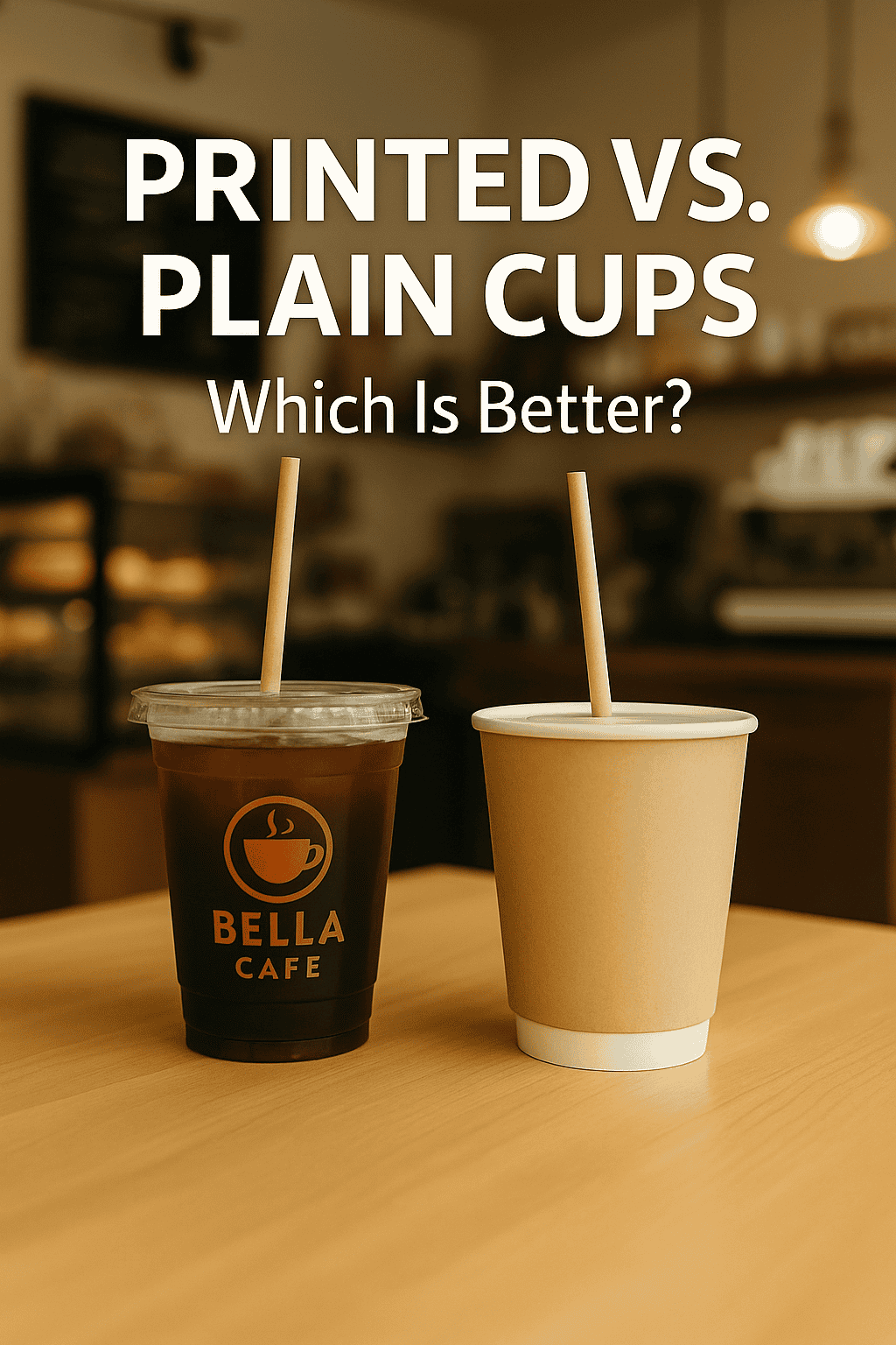 Branded PET cold cup next to a plain kraft paper cup on a cafe table, comparing printed vs plain cup presentation
