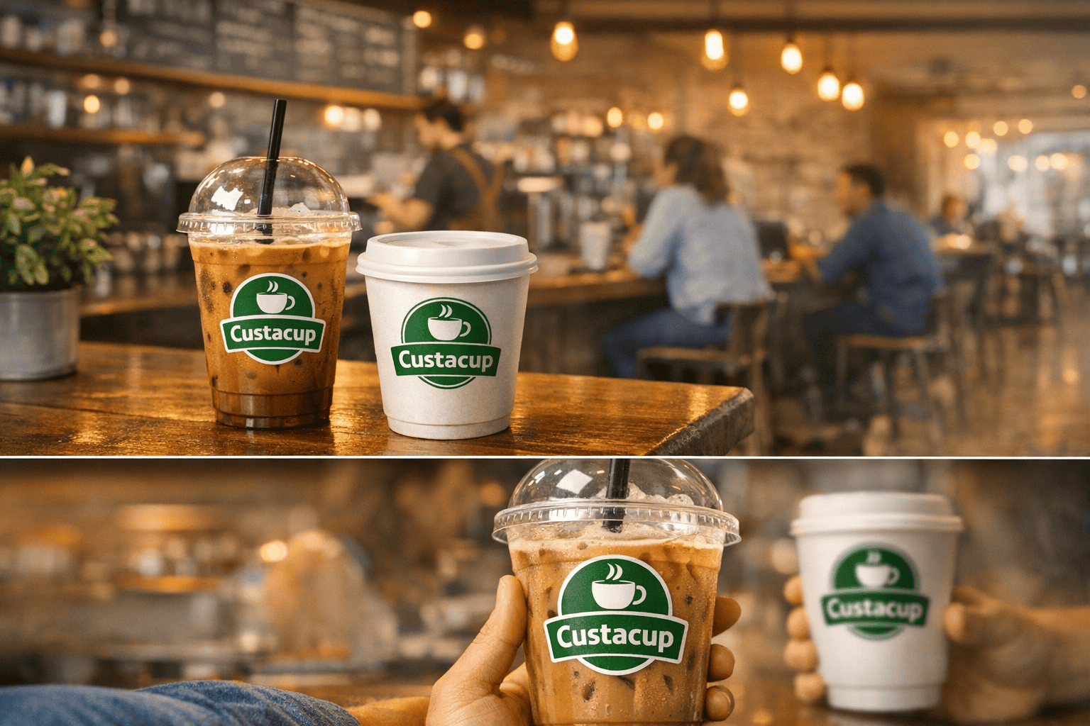 custom printed cups in a cafe showing restaurant branding