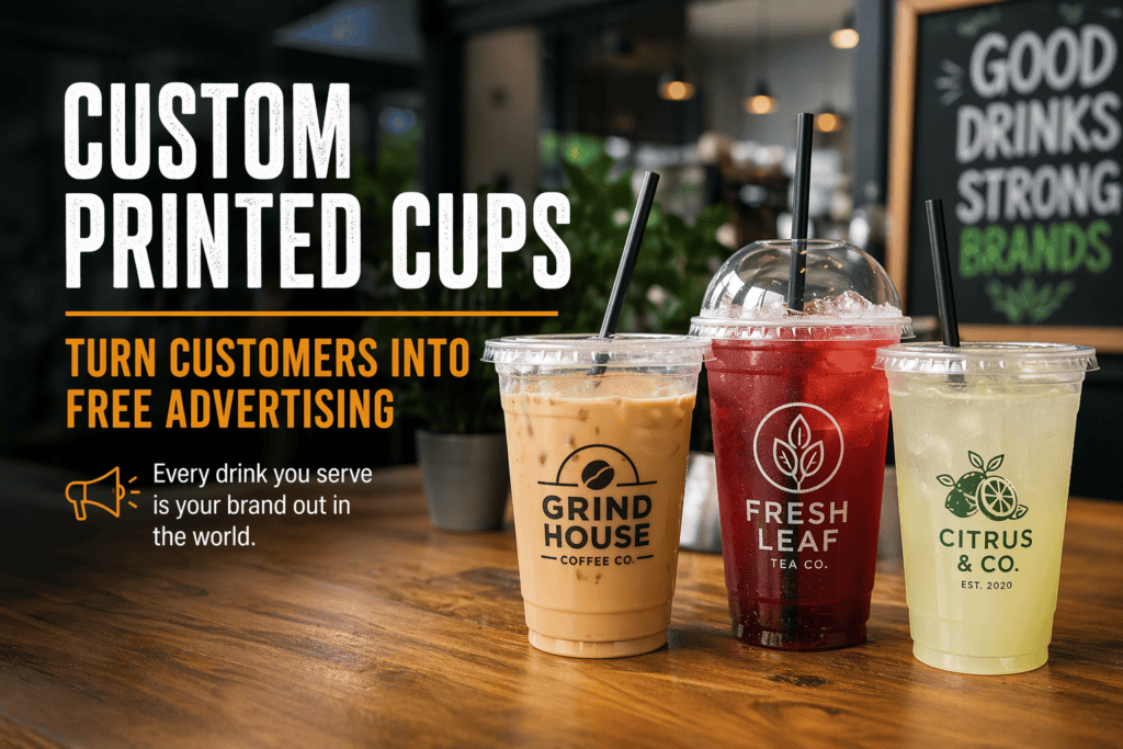 custom printed cups turning customer drinks into free advertising in cafe setting