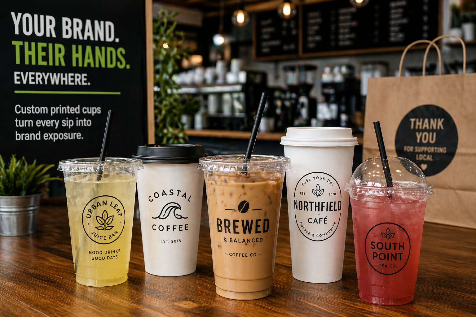 custom printed cups for restaurant branding displayed in cafe with hot and cold drinks