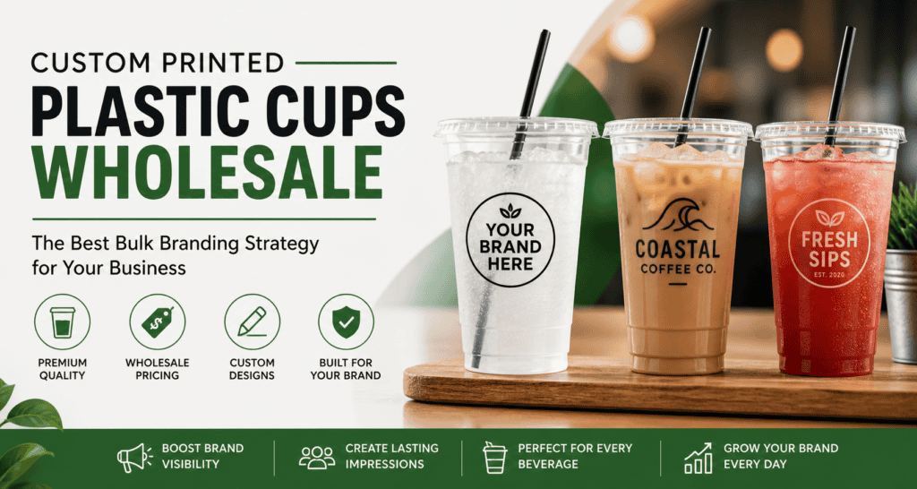 custom printed plastic cups wholesale with logo displayed in modern cafe setting for branding