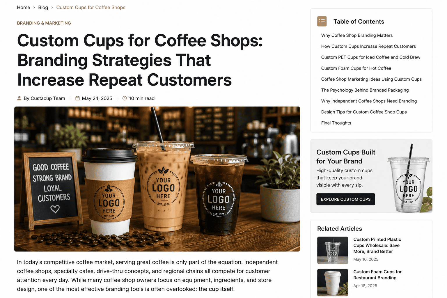 Custom cups for coffee shops featuring branded hot coffee cups, iced coffee cups, and coffee shop marketing strategies designed to increase repeat customers and brand recognition.