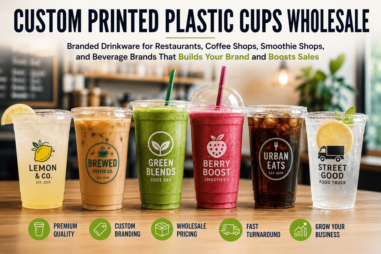 Custom printed plastic cups wholesale for restaurants, coffee shops, smoothie bars, food trucks, beverage brands, and boba tea shops with branded logo drinkware.