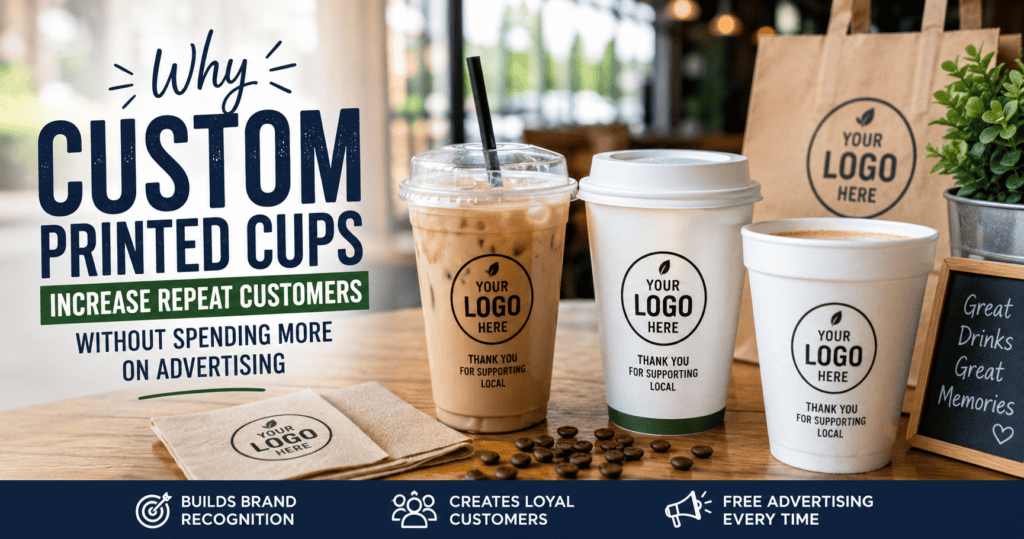 Custom printed cups for restaurants and coffee shops increasing repeat customers through branded drink cups