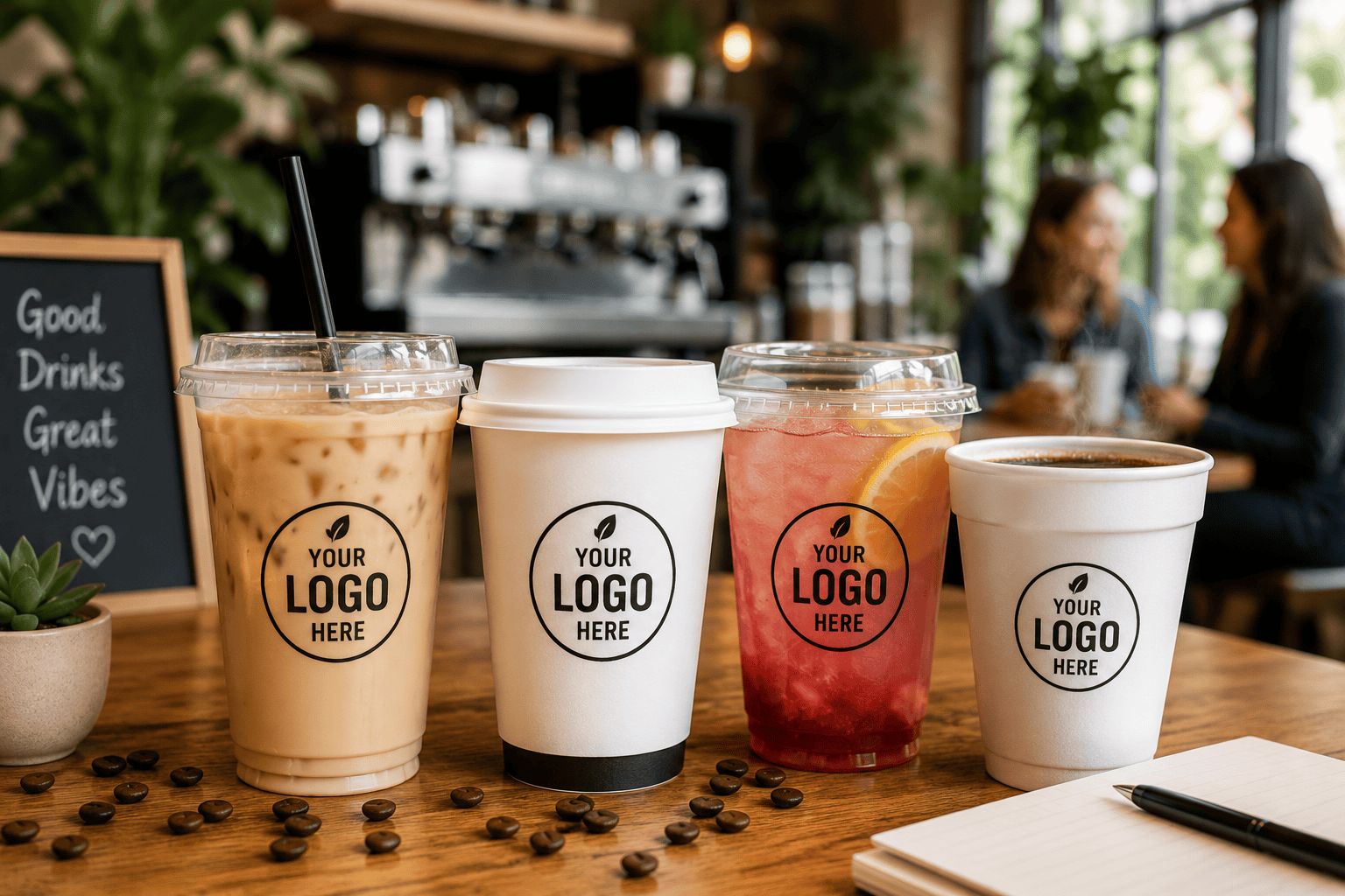 Custom printed PET and foam cups on a coffee shop table for restaurant and coffee shop branding