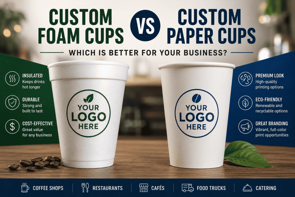 Custom foam cups vs custom paper cups comparison for coffee shops, restaurants, and businesses choosing custom printed hot drink cups