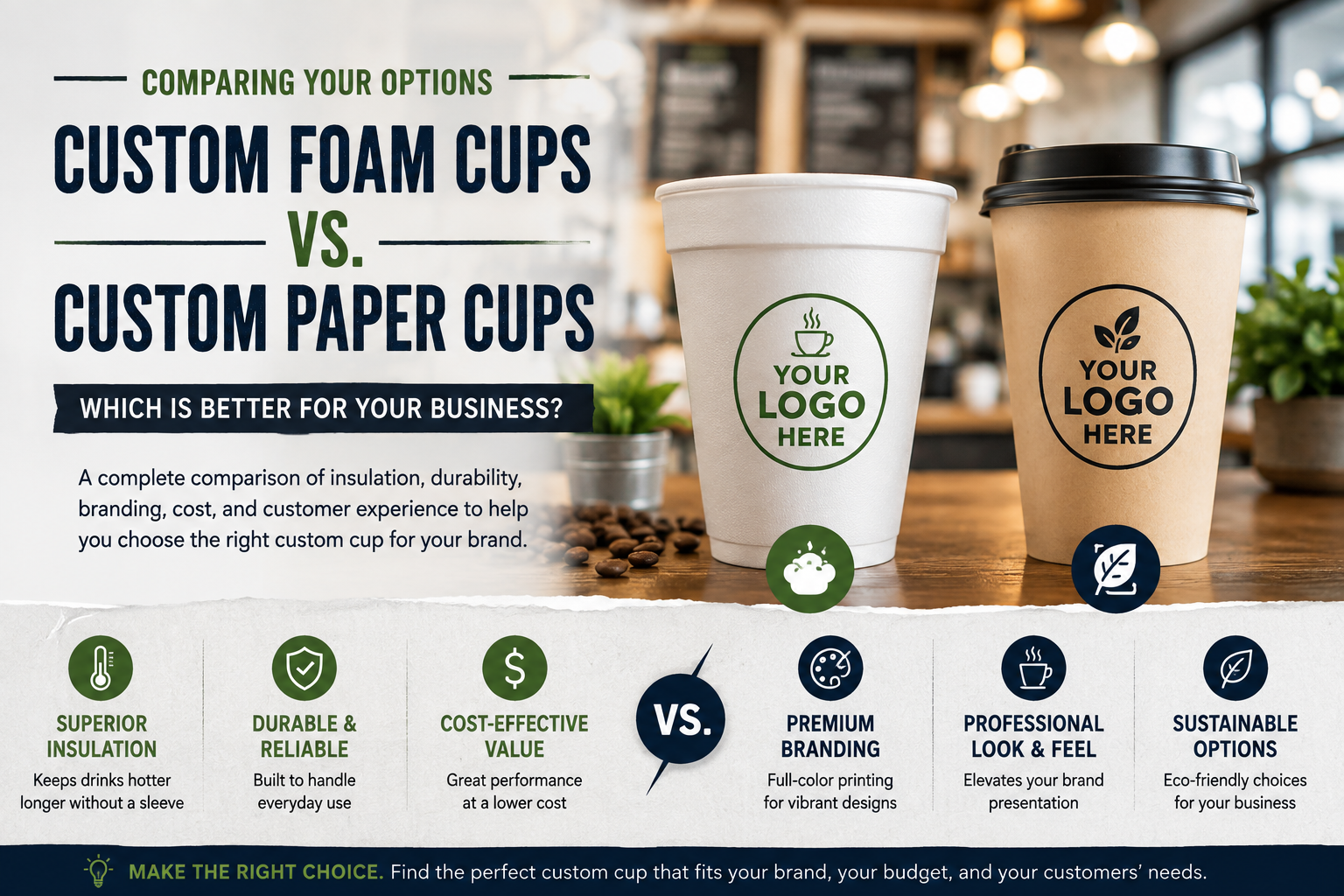 Custom foam cups vs custom paper cups comparison for restaurants, coffee shops, cafés, and businesses choosing custom printed hot drink cups