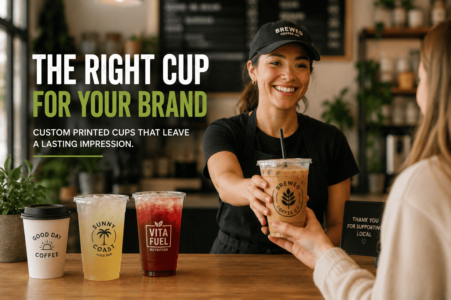 Custom printed cups in different sizes and materials for coffee shops, restaurants, cafés and beverage businesses